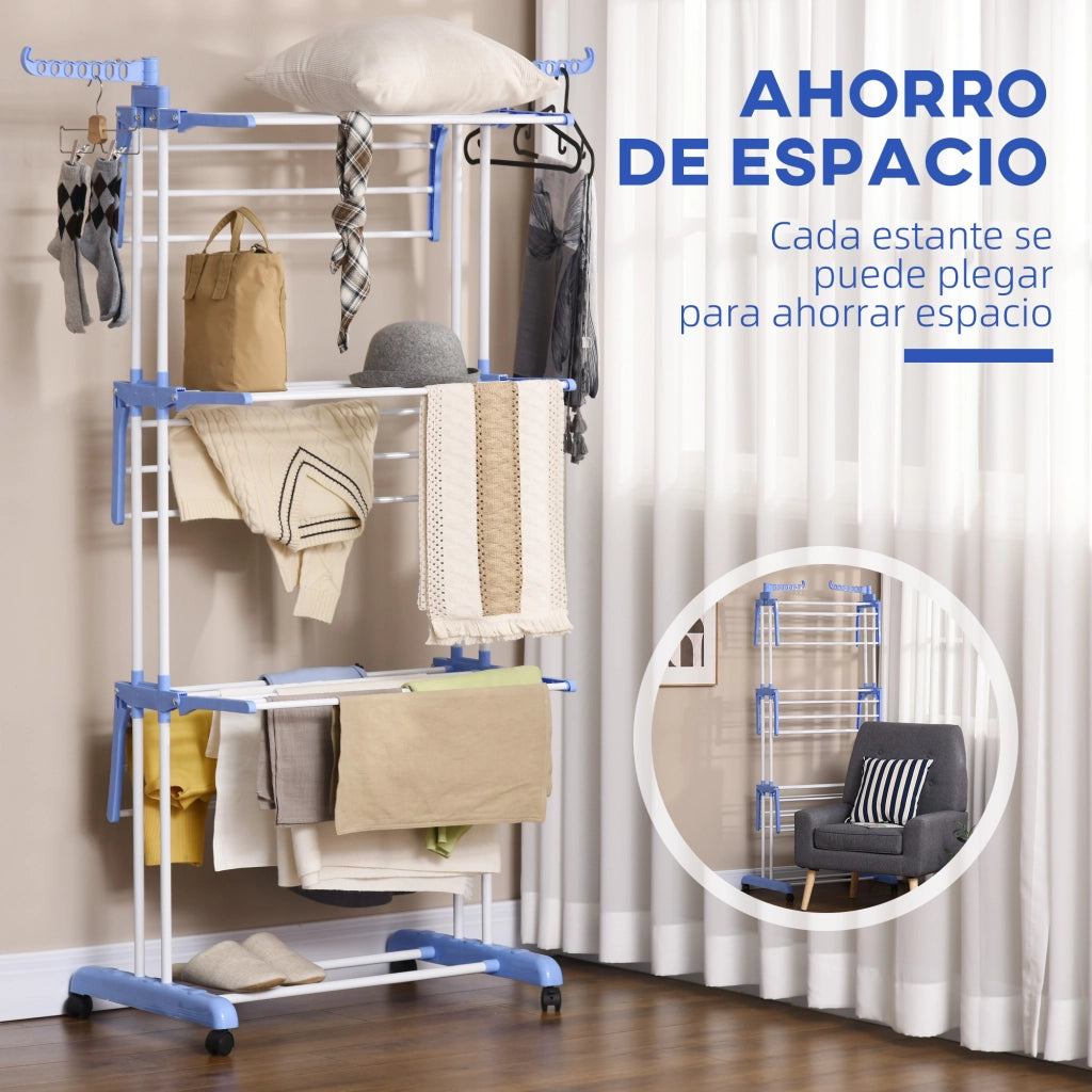 Stendibiancheria Verticale Pieghevole con Ruote 3 Livelli Ali Richiudibili ¨C Xylo ¨C 73x64x172 cm Blu e Bianco