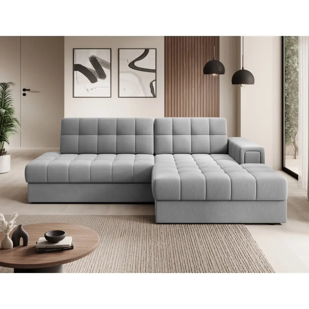 Divano angolare trasformabile CUBITO grigio 240 cm con contenitore e letto