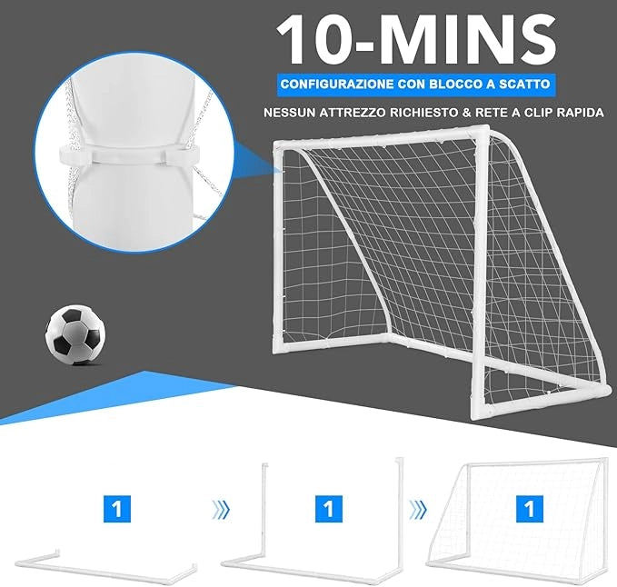 Porto per Calcio per Bambini, Rete da Calcio Resistente alle Intemperie e Telaio in UPVC con Pali di Fissaggio e Coni da Calcio per Allenamenti in Cortile