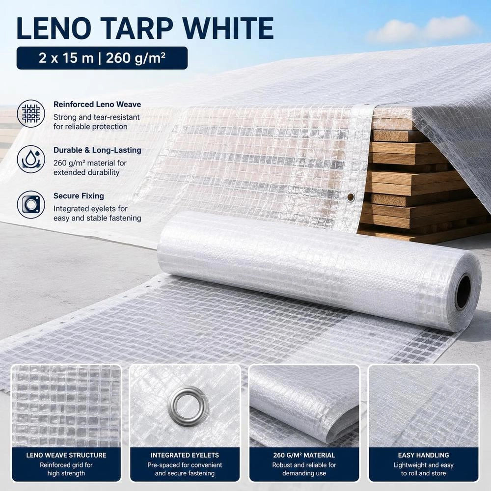 Leno Tarpaulin, White, 2 X 15 M, 260 G/square Meter