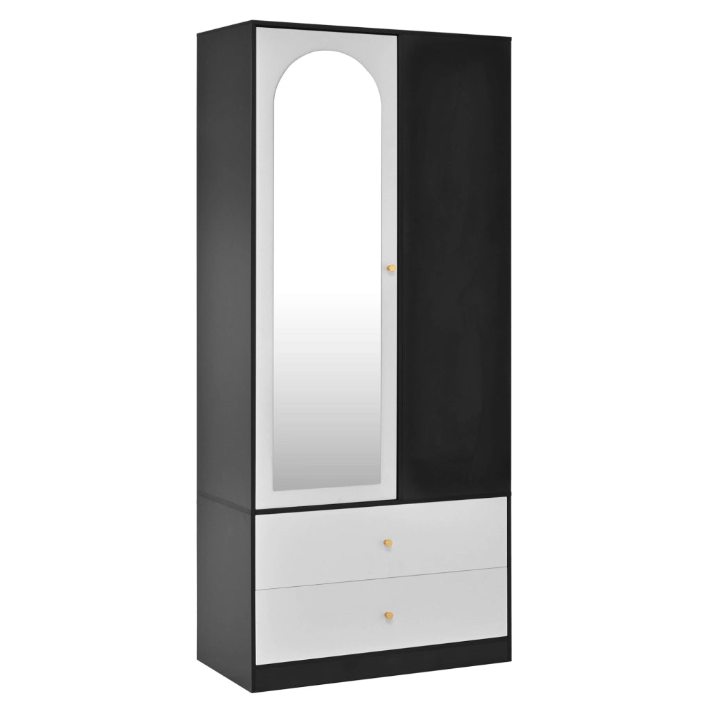 Armadio moderno con specchio, cassetti e ripiani, Bianco e nero, 180 x 80 x 40 cm