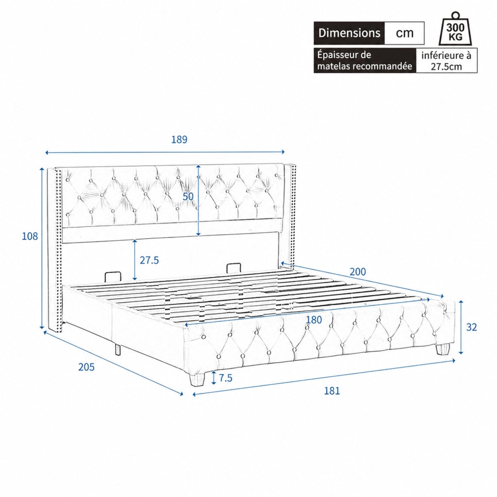 Letto imbottito 180x200 cm in velluto con testiera capitonné, gambe in legno, colore beige chiaro