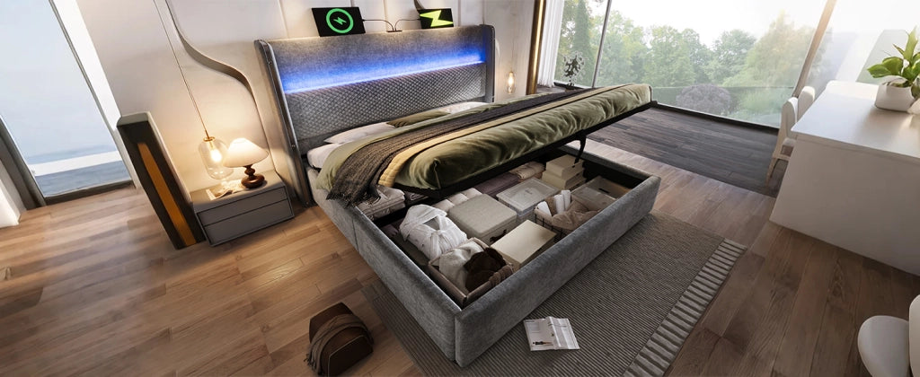 DESMIU Letto contenitore 180 × 200 cm con LED, USB e Type-C, vano contenitore idraulico, senza materasso, grigio