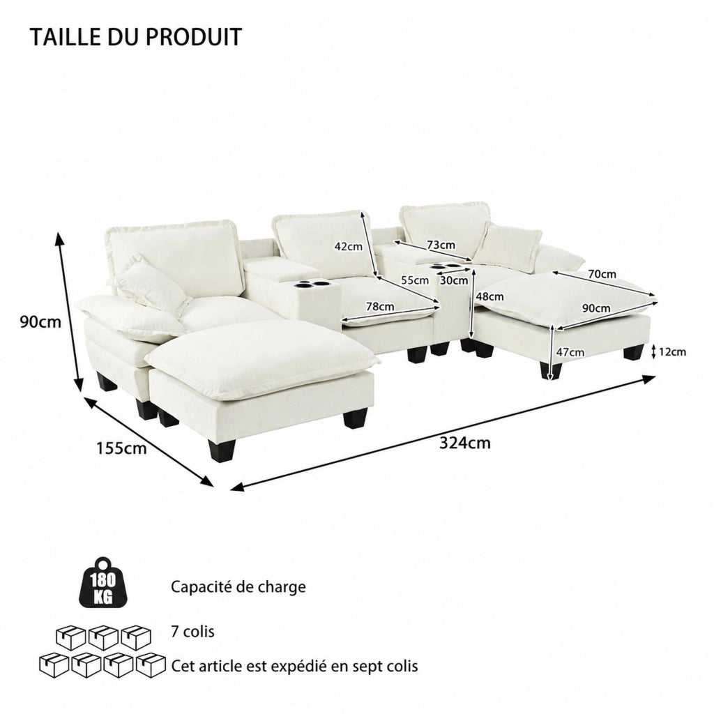 Divano modulare a U con contenitore, portabicchieri e porte USB, in ciniglia beige 323 × 151 × 90 cm