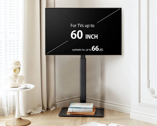 Sostegno per TV a pavimento per schermi da 32-43-55-60 pollici, 70° inclinabile e 8 posizioni di altezza regolabili per schermi LCD LED OLED piani e curvi, massimo VESA 600x400mm (Nero)