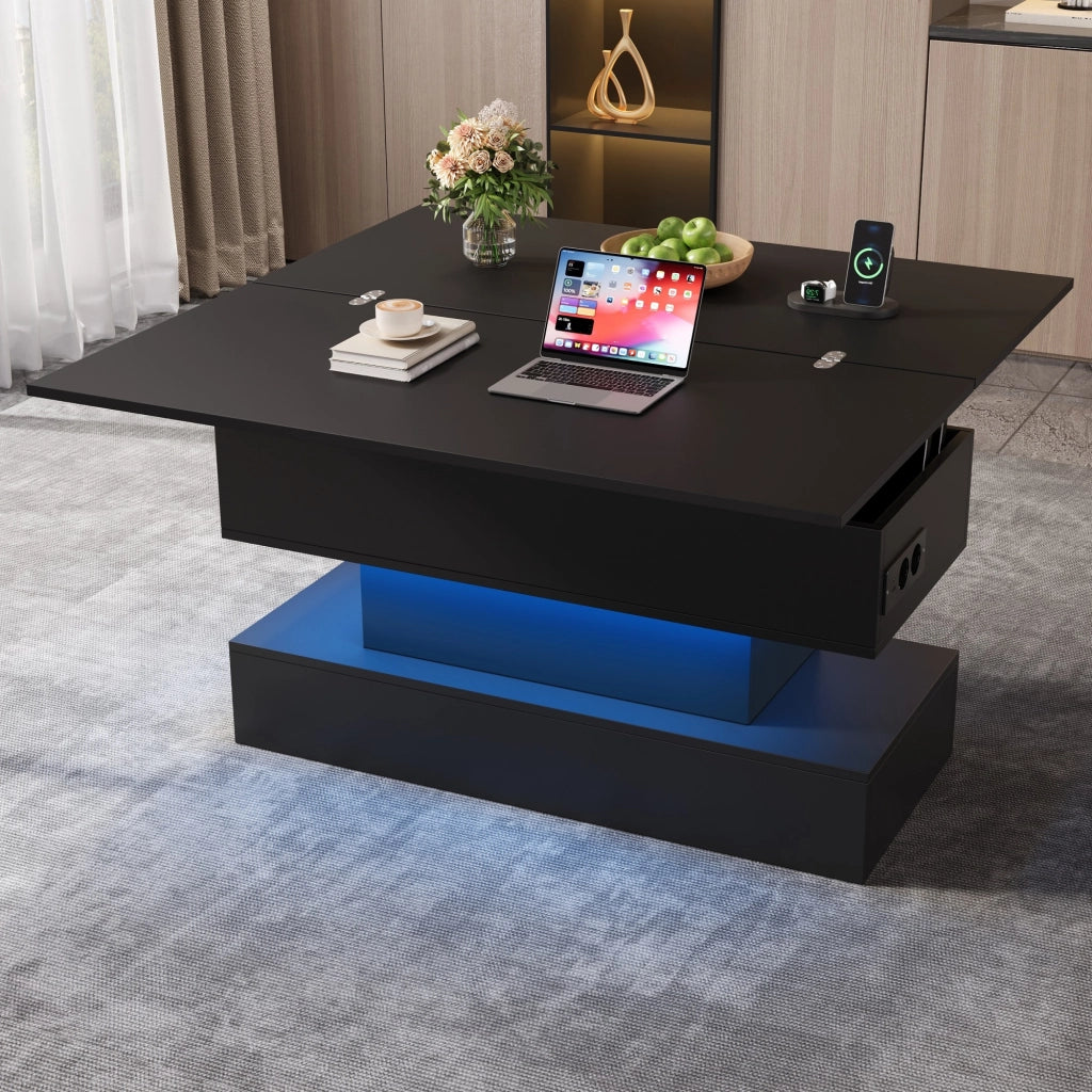 Tavolino basso sollevabile con luce LED, presa integrata e vano contenitore nascosto, per soggiorno, 100 × 50 × 51,5 cm