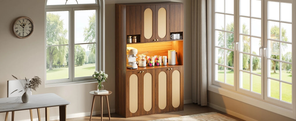 Credenza alta con 8 ante e LED, per sala da pranzo e soggiorno, in MDF e PE-rattan, naturale, 106 × 40 × 178 cm
