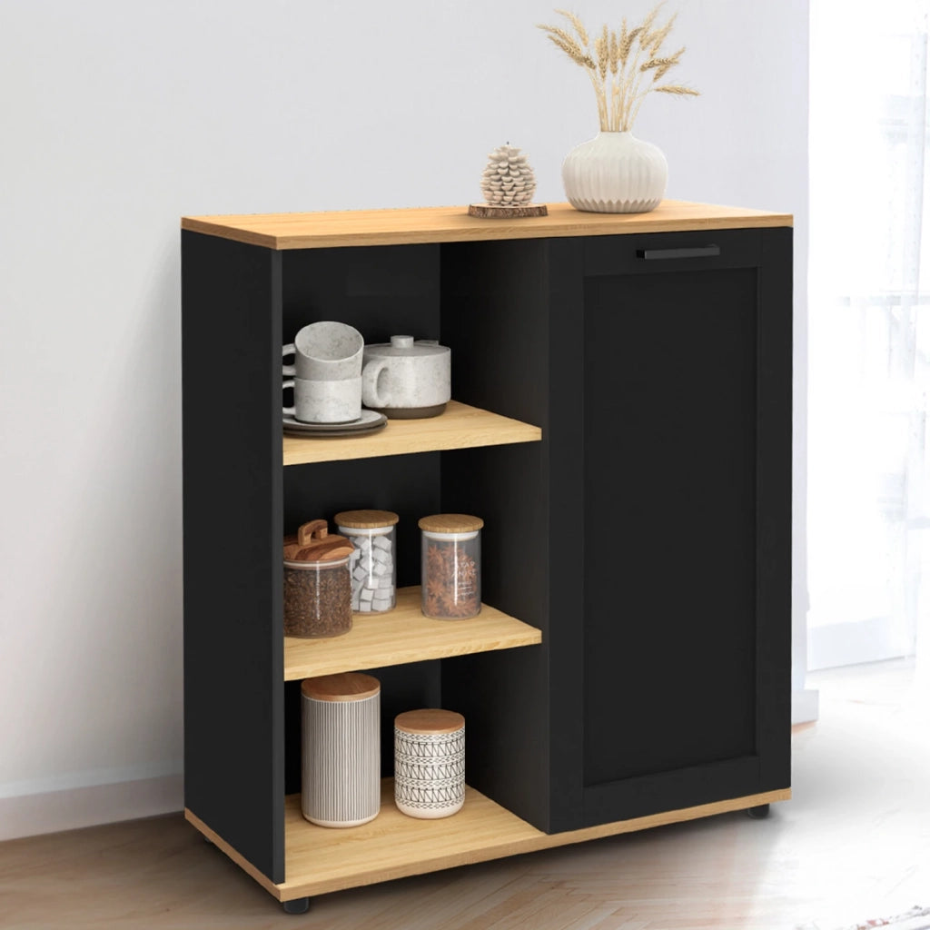 IDMarket - Aparador VITO de 3 estantes con armario negro y tapa de madera de 70 cm
