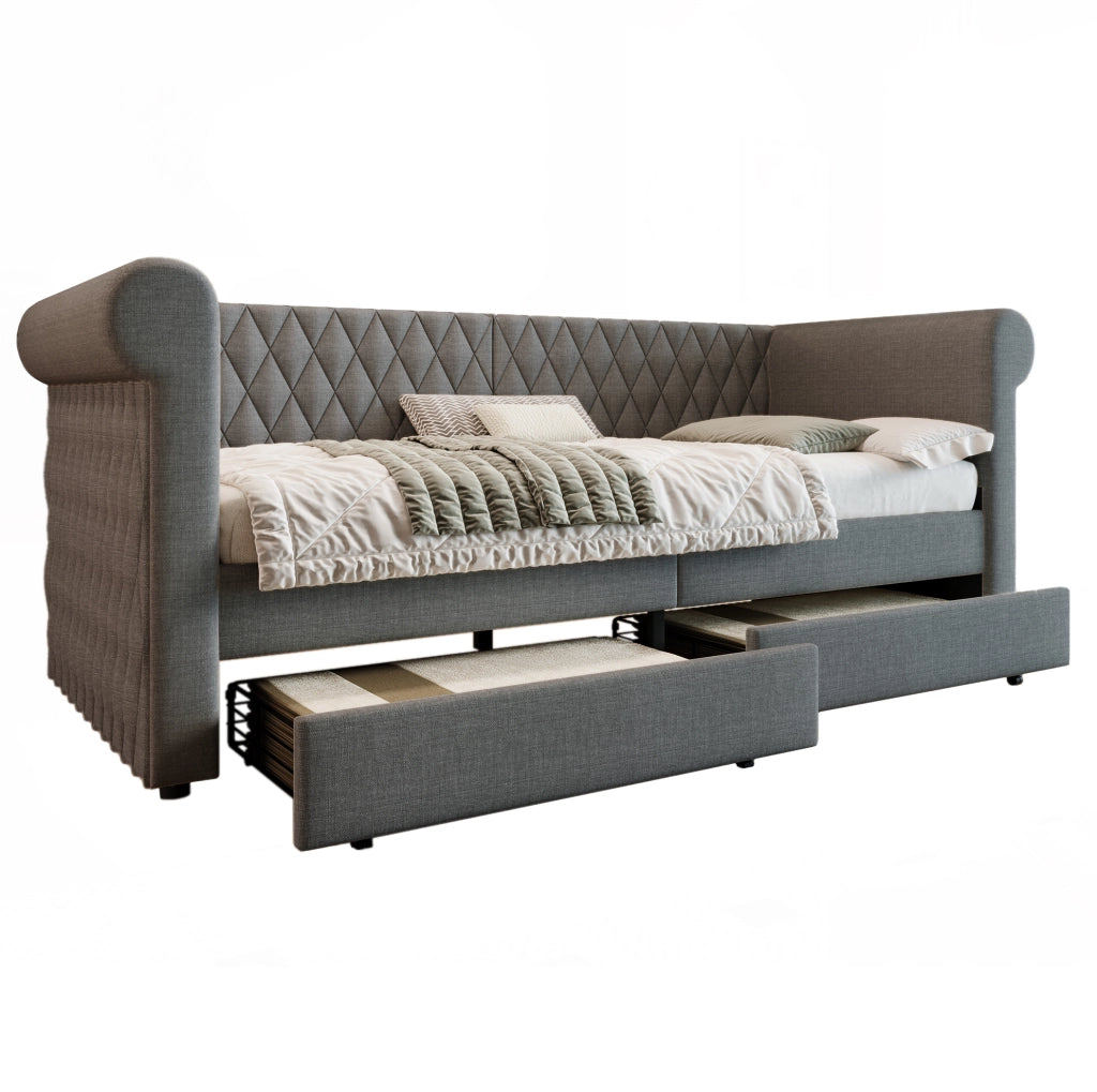 Divano letto vintage 90x200 cm in lino grigio con 2 cassetti