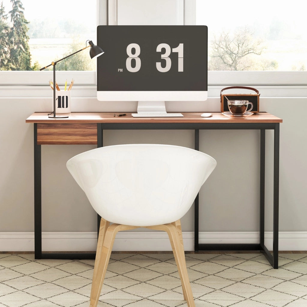 Scrivania per computer 120cm con cassetto, Scrivania per ufficio con struttura in metallo piedini regolabili Noce-Scrivanie