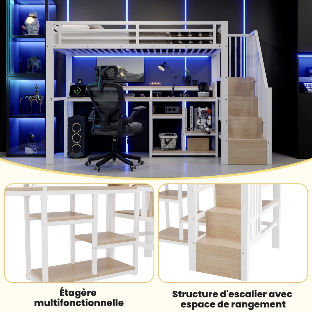 Letto a soppalco in metallo 90x200 cm, letto alto per bambini e ragazzi con scala contenitore, prese USB/Type-C, ripiano e illuminazione LED, bianco