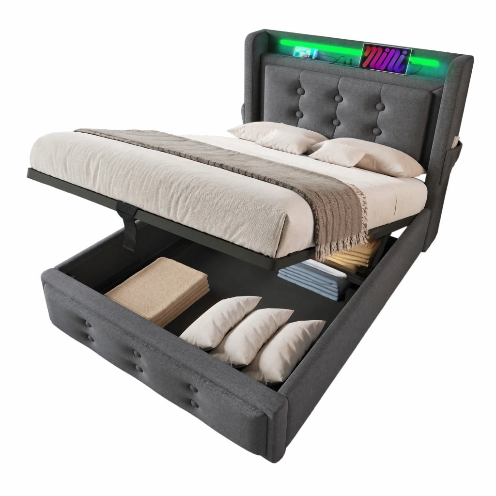 Letto singolo 90x200 cm imbottito in cotone e lino con LED; USB e contenitore; grigio