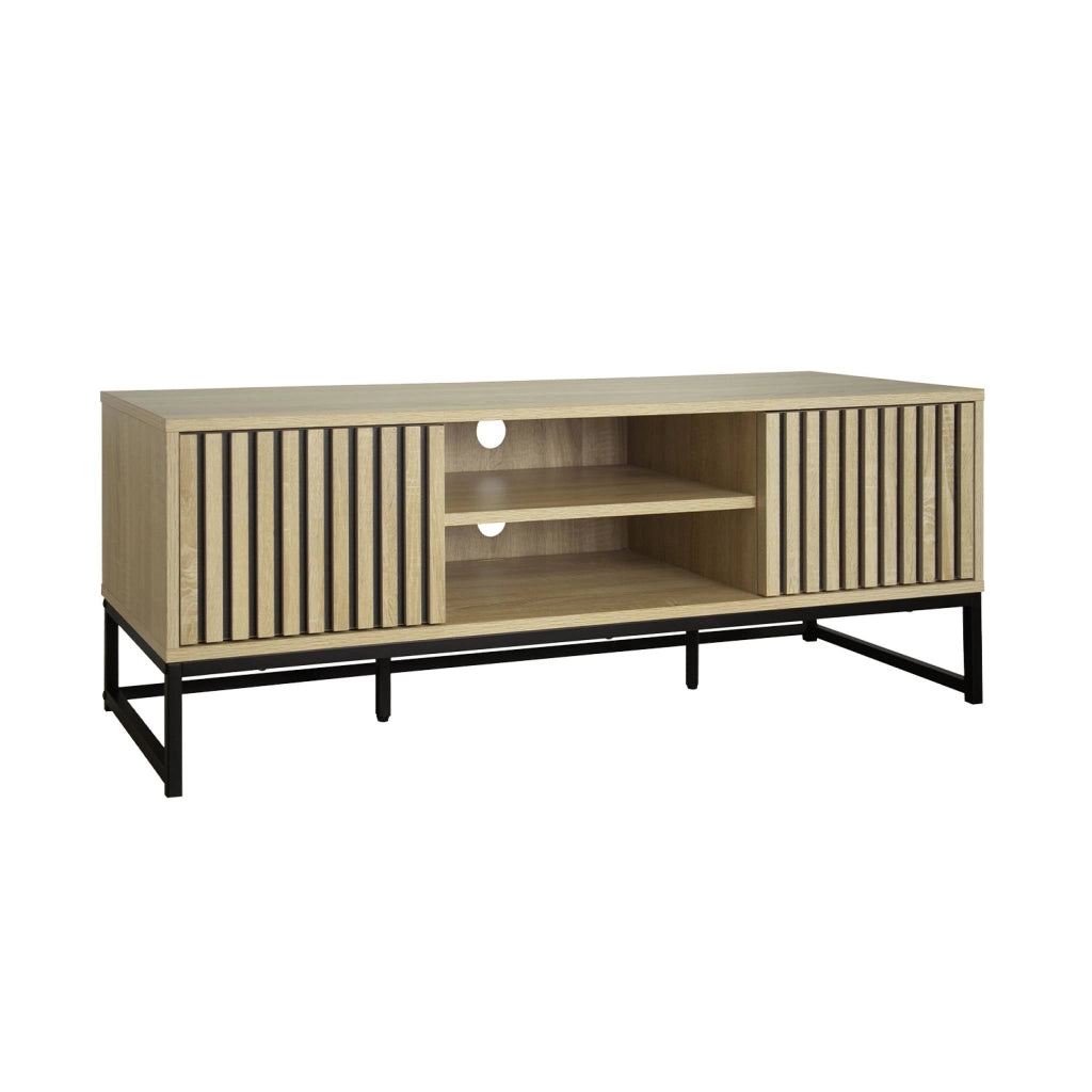 Mobile tv a 2 ante in legno scanalato e metallo nero, 120cm, marrone