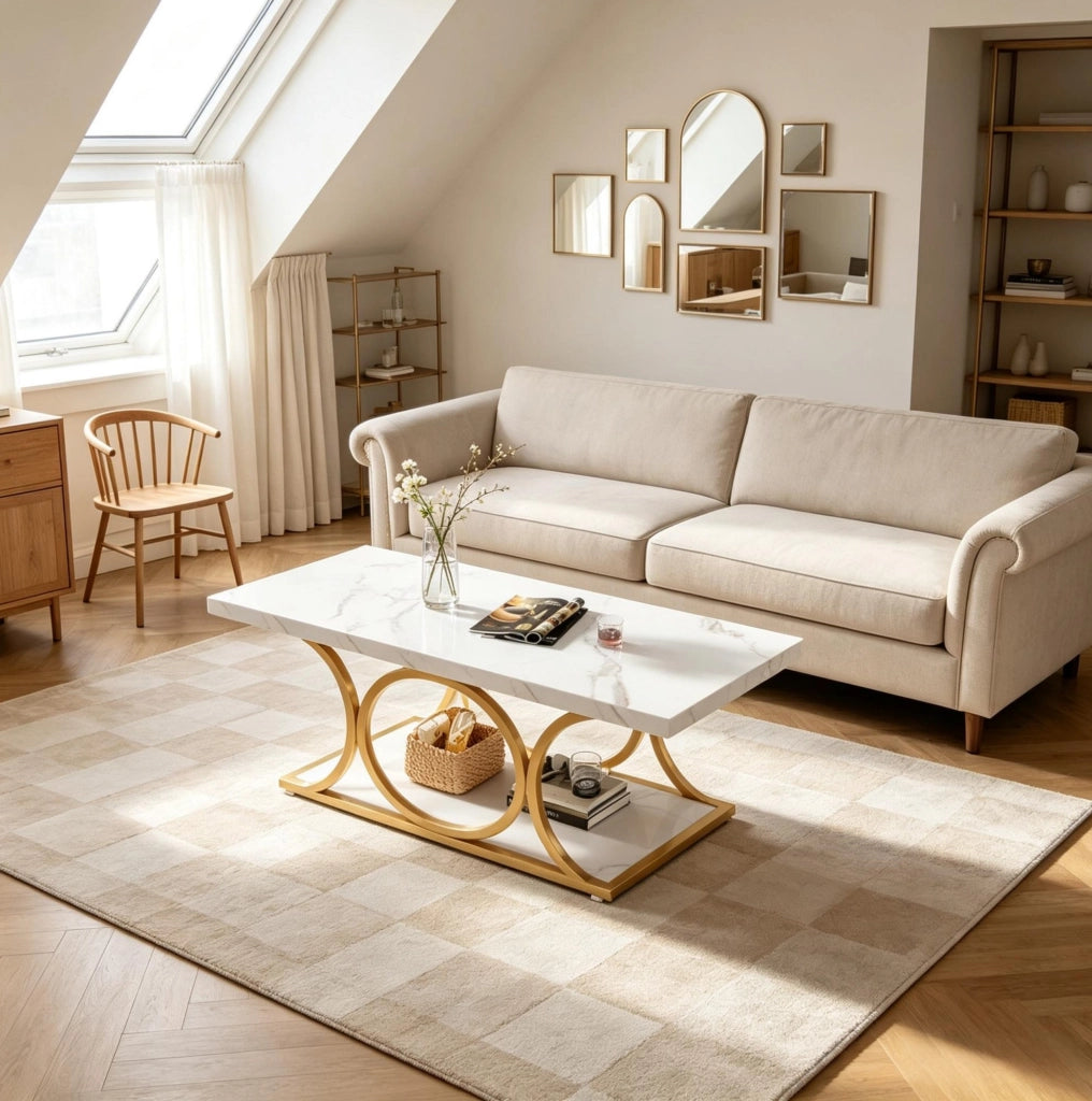 TAVOLINO da caffè 120x59,5x48 cm Marmo artificiale Bianco e Metallo Oro