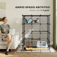 Box Recinto per Gatti Modulabile a 4 Livelli 105x105x140 cm 5 Ingressi e Rampe in Acciaio e PP Nero