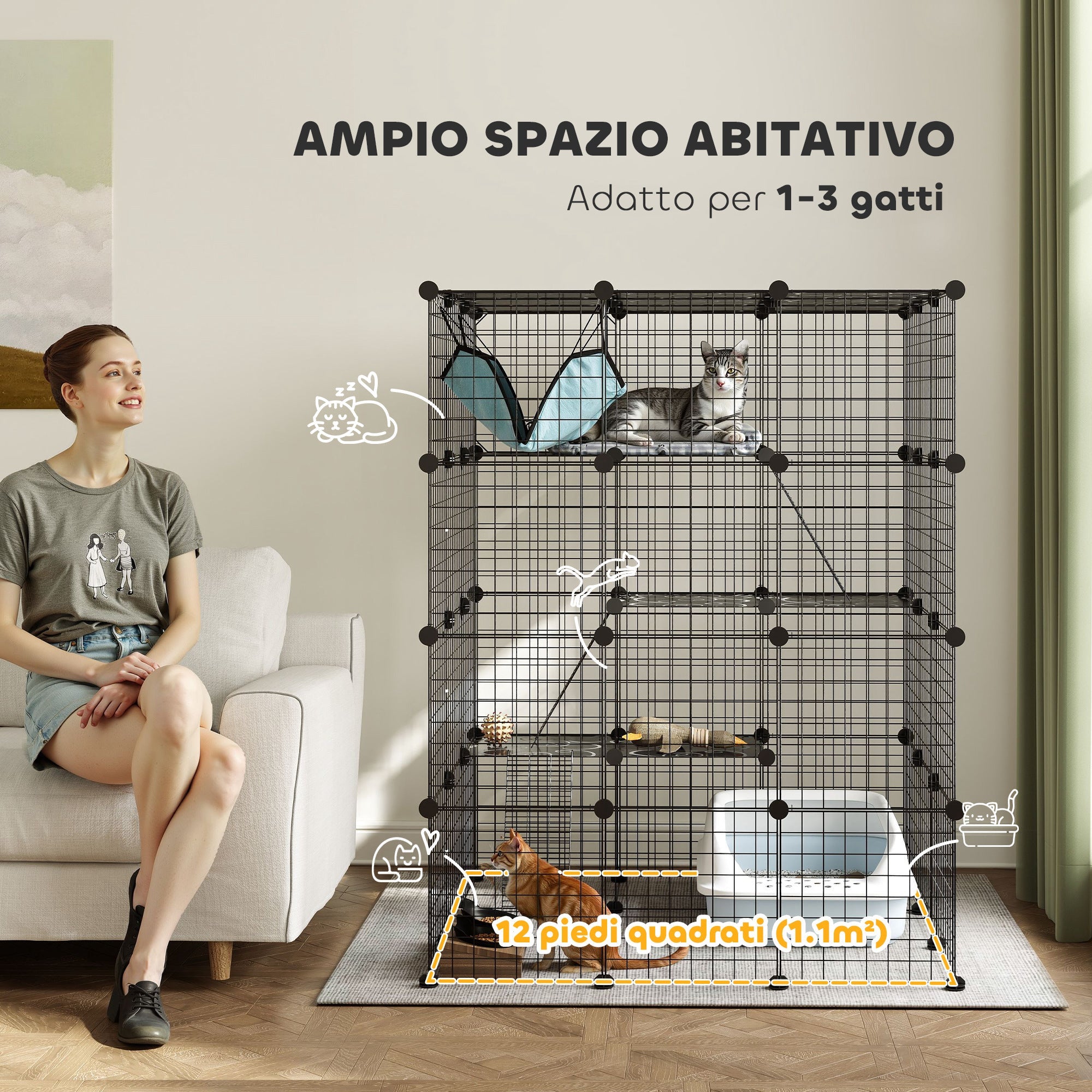 Box Recinto per Gatti Modulabile a 4 Livelli 105x105x140 cm 5 Ingressi e Rampe in Acciaio e PP Nero