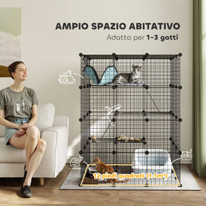 Box Recinto per Gatti Modulabile a 4 Livelli 105x105x140 cm 5 Ingressi e Rampe in Acciaio e PP Nero