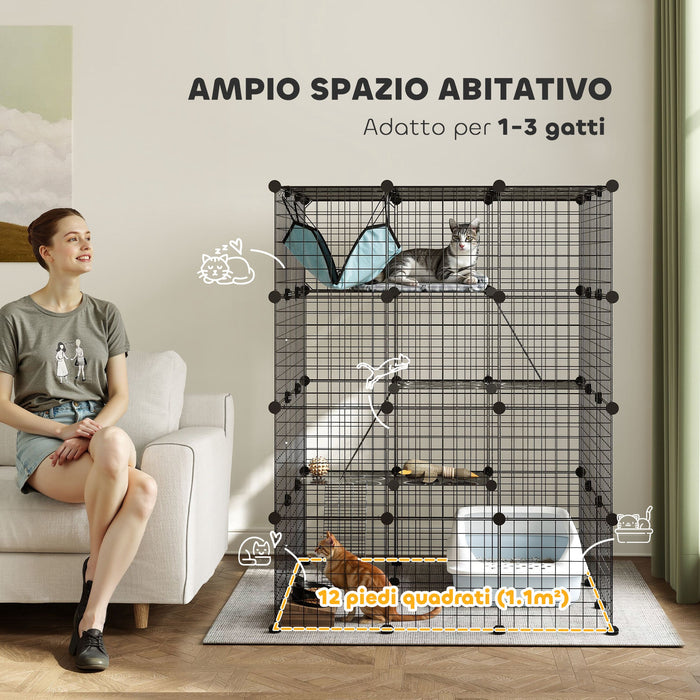 Box Recinto per Gatti Modulabile a 4 Livelli 105x105x140 cm 5 Ingressi e Rampe in Acciaio e PP Nero
