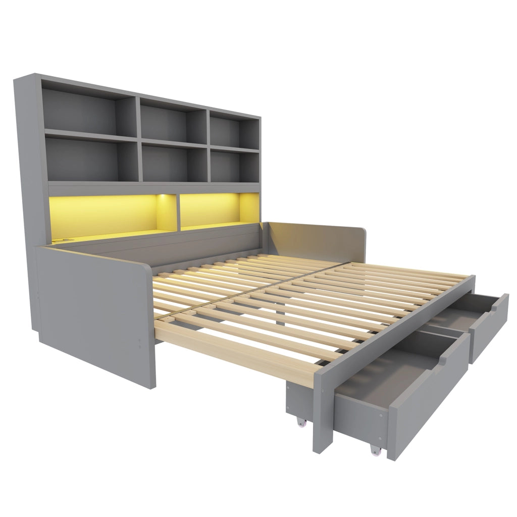 Letto 90x200 cm estraibile con contenitore; LED e prese in MDF grigio