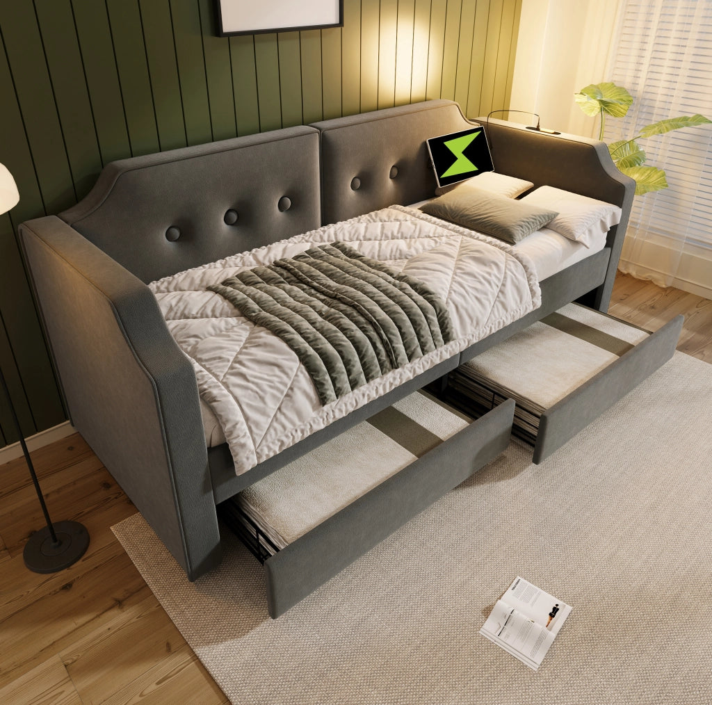 Letto imbottito 90x200 cm in velluto grigio con USB Type-C; luce da lettura e 2 cassetti