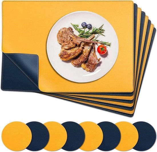 Set di 8 placemats in materiale naturale, resistente al calore, antiscivolo, sottopiatto, blu e giallo