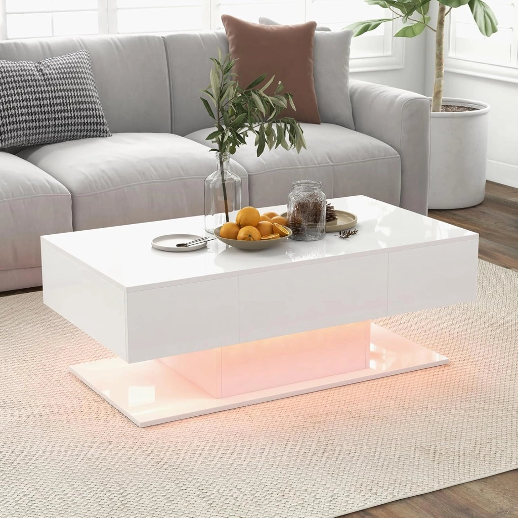 Tavolino con LED, tavolino da caffè con 2 cassetti, luci LED regolabili in 20 colori e telecomando, regolabile a 2 nevi, per soggiorno, ufficio (bianco)