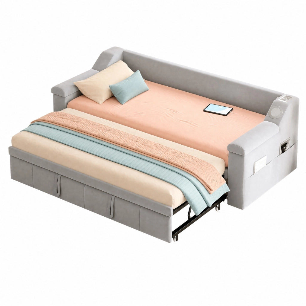 Divano letto multifunzionale 90/180x190 cm in velluto grigio con USB; Bluetooth e contenitori