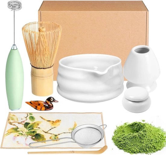 Set di Matcha 9 pezzi - Servizio da tè giapponese con set di matcha, cucchiaio, contenitore in ceramica e setaccio, regalo.