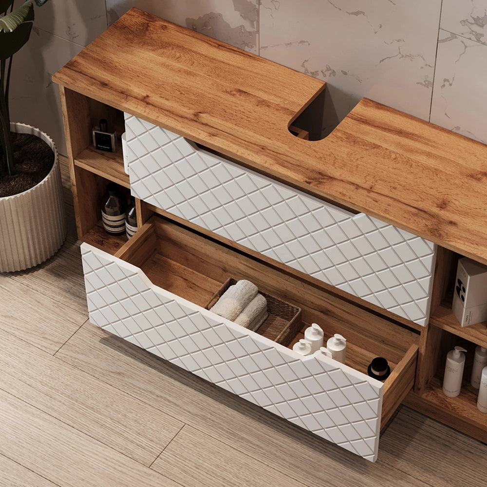 Vicco Mobile sottolavabo per bagno Rovere/bianco con struttura in piastrelle 119.2 x 62.5 cm con 2 cassetti