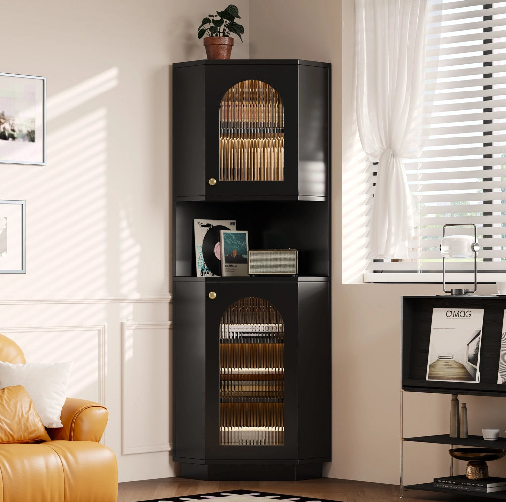 Mobile bagno angolare nero in MDF con luce interna e ripiani regolabili