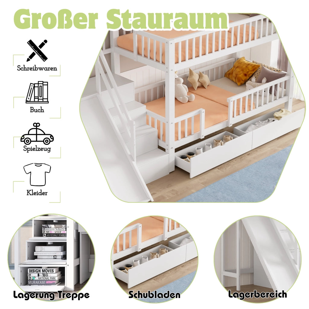 OKWISH Letto a Castello 90×200 cm, Letto Singolo con Scivolo, Scala e 2 Cassetti, senza Materasso, in Legno Massello, Bianco