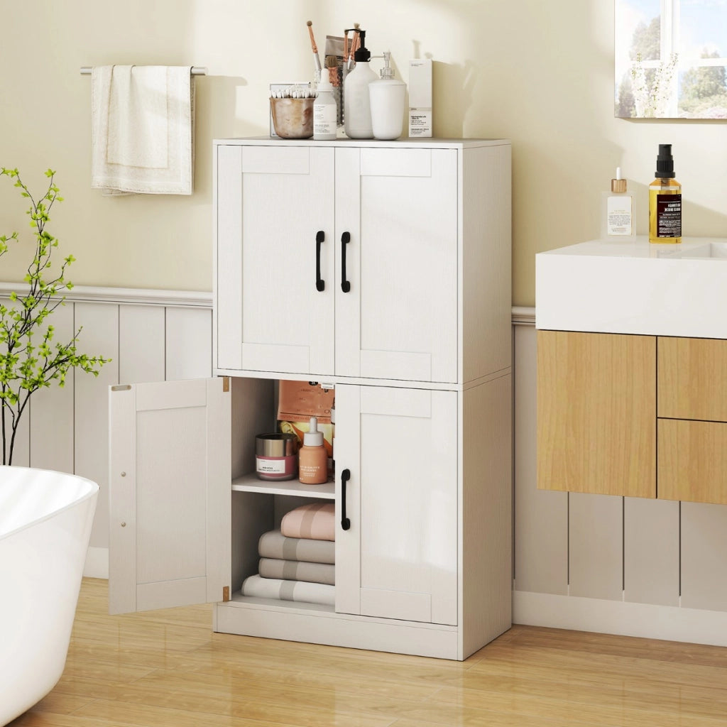 Mobile da bagno mobiletto da 110cm con 4 ante e ripiani regolabili, Mobile dispensa da cucina per soggiorno Bianco-Armadietti da bagno