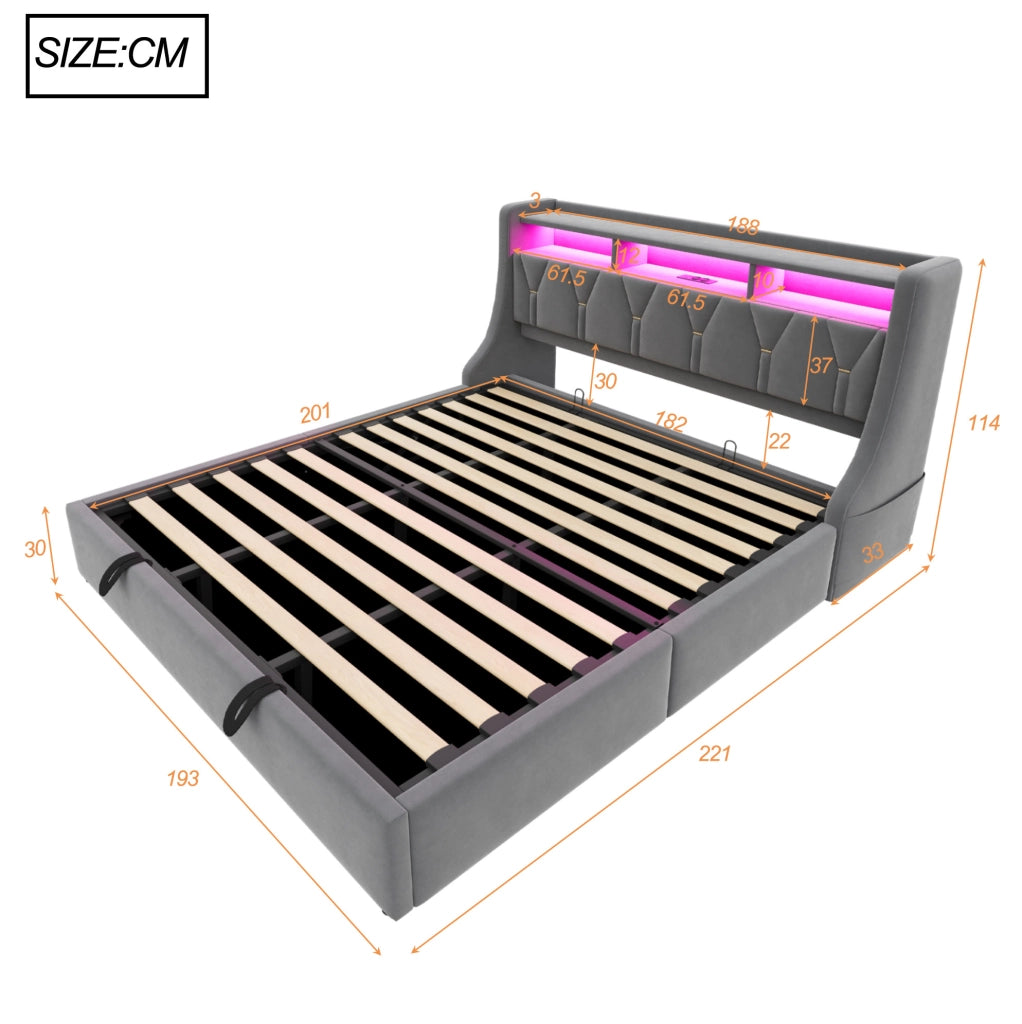 Letto imbottito 180x200 cm con contenitore idraulico; LED e prese in velluto grigio