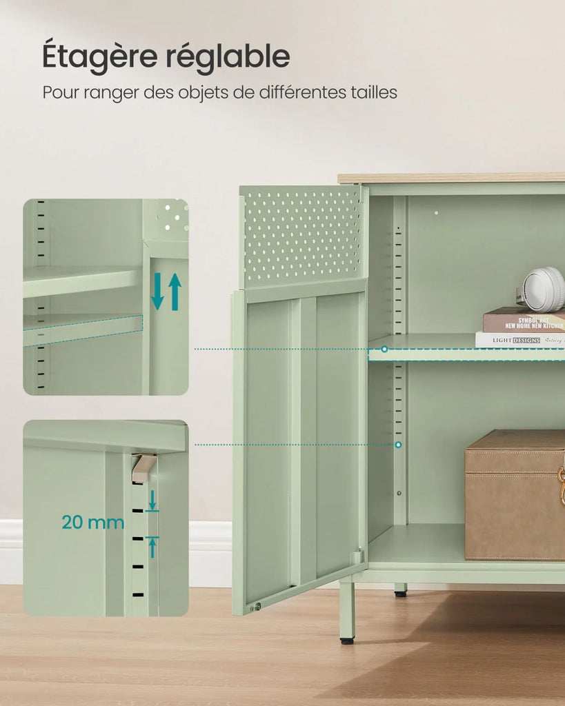 Mobile contenitore/credenza 40 x 80 x 76 cm con doppie ante magnetiche e ripiano regolabile per sala da pranzo soggiorno cucina ingresso struttura in acciaio stile industriale verde 12_0006435