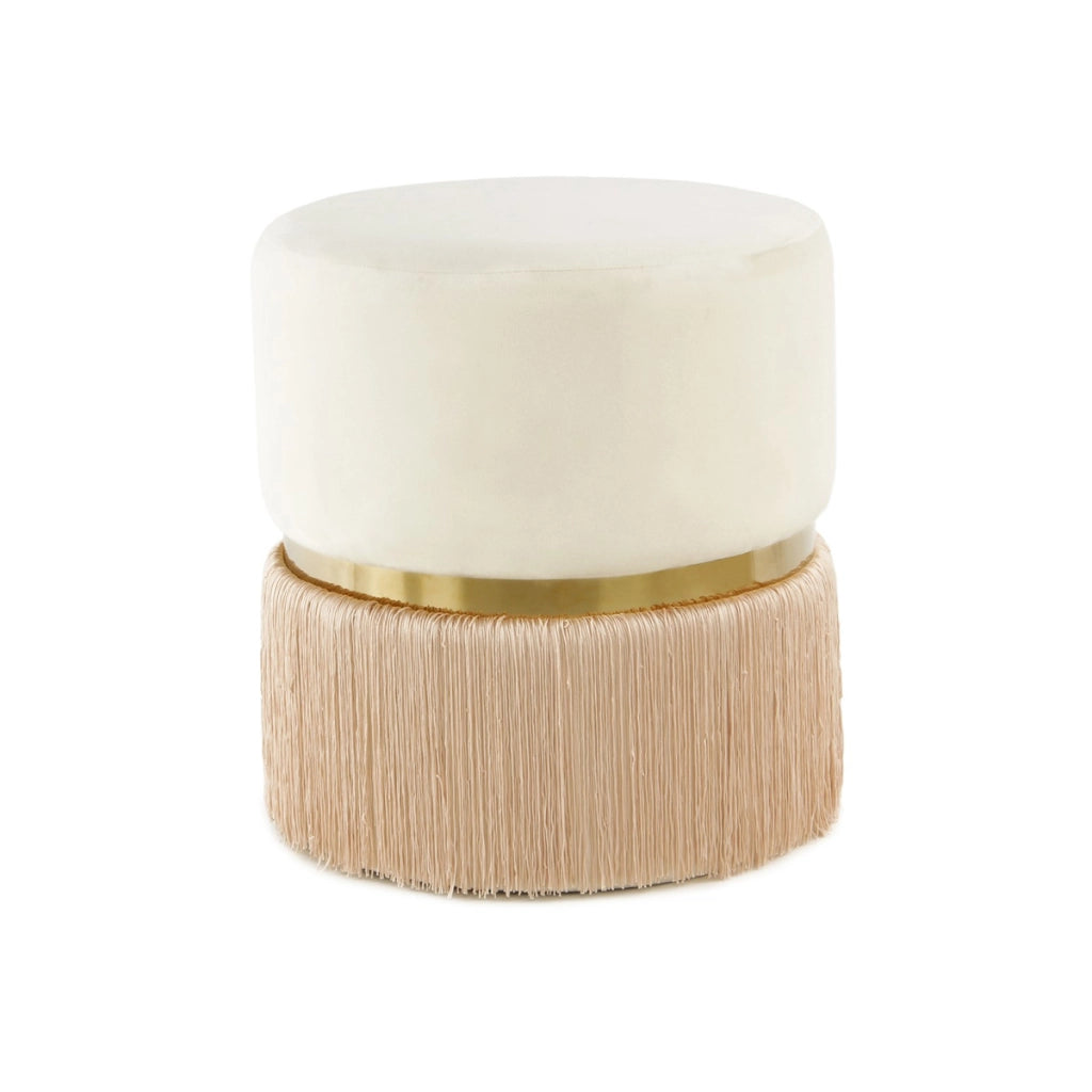 Pouf Rebecca in velluto avorio con frange e dettaglio oro