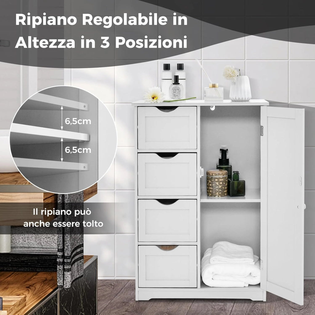 Mobiletto da Pavimento per Bagno con 4 Cassetti e 1 Anta, Mobile Multiuso con Ripiano Regolabile, Mobile da Terra in Legno per Soggiorno, Bagno, 56 x 30 x 82 cm (Bianco)