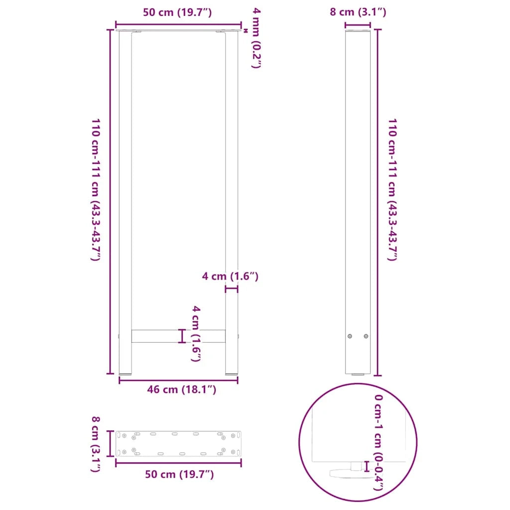 Set di 2 gambe per tavolo da bar in acciaio verniciato a polvere 50 x 110 cm design moderno con piedini livellanti in acciaio naturale 02_0057595