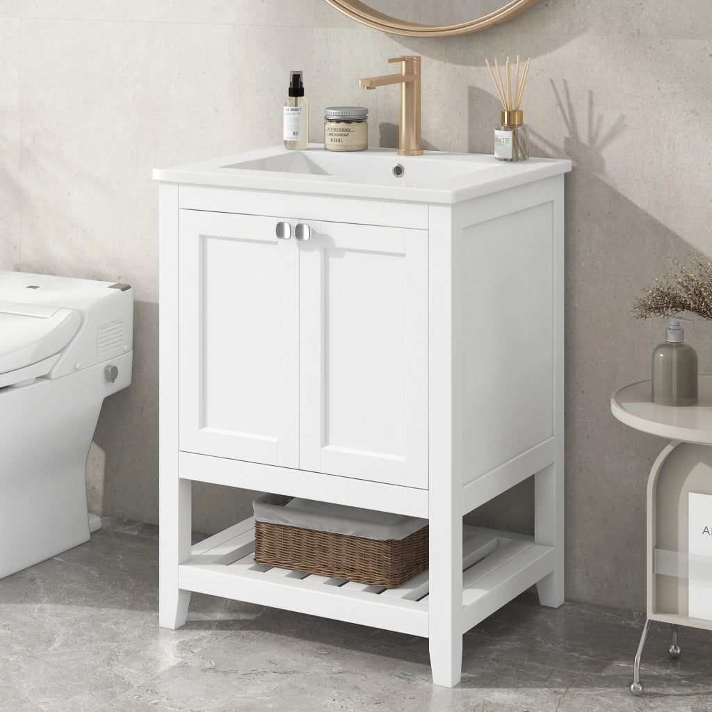 Mobile sottolavabo con lavabo in ceramica da bagno con base a pavimento in legno massello e MDF bianco 60 cm