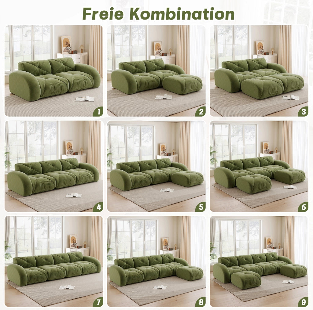 Divano modulare senza braccioli in chenille verde; 358x171x76 cm; con schiuma 32D