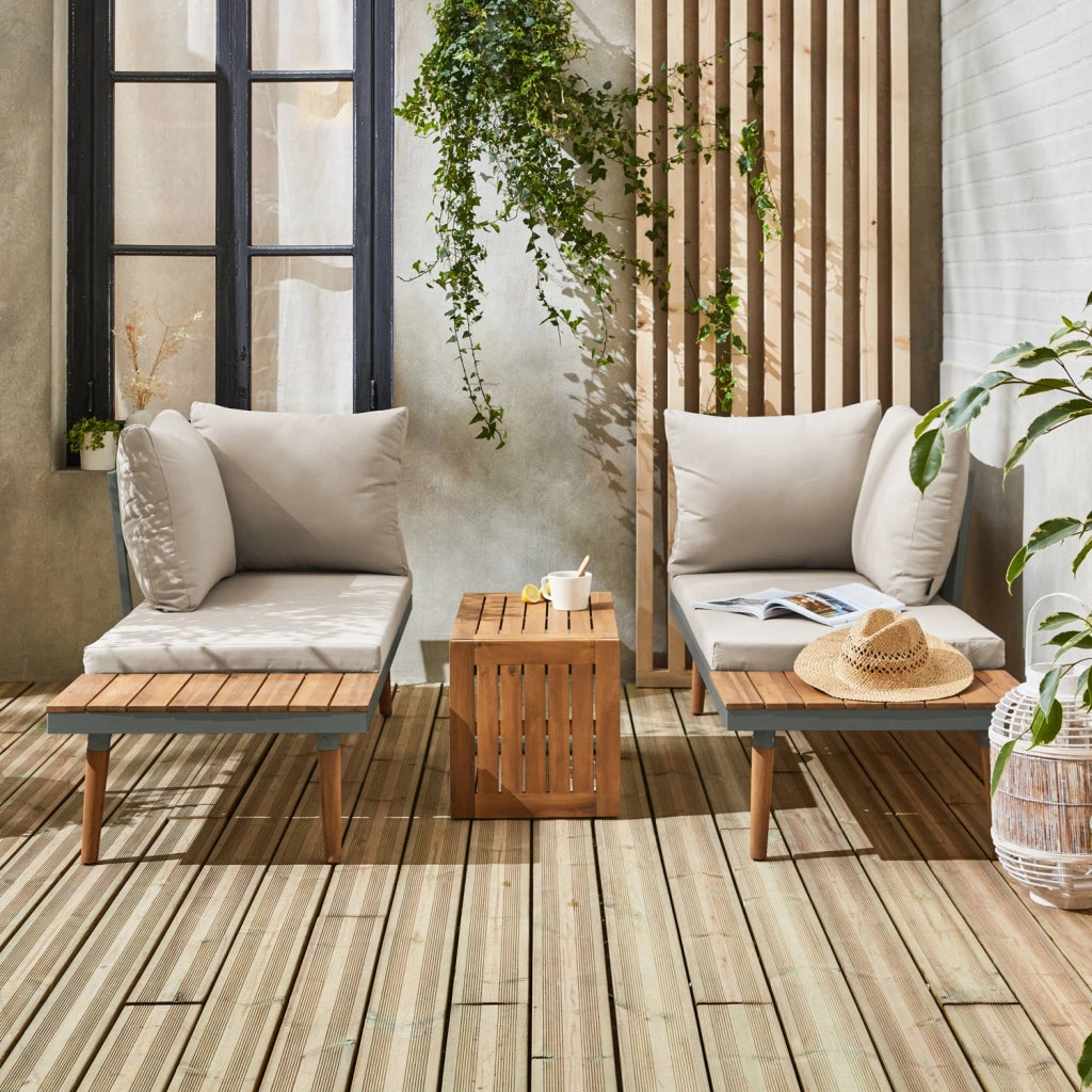 Salotto da giardino in alluminio e acacia,  4 posti, kaki