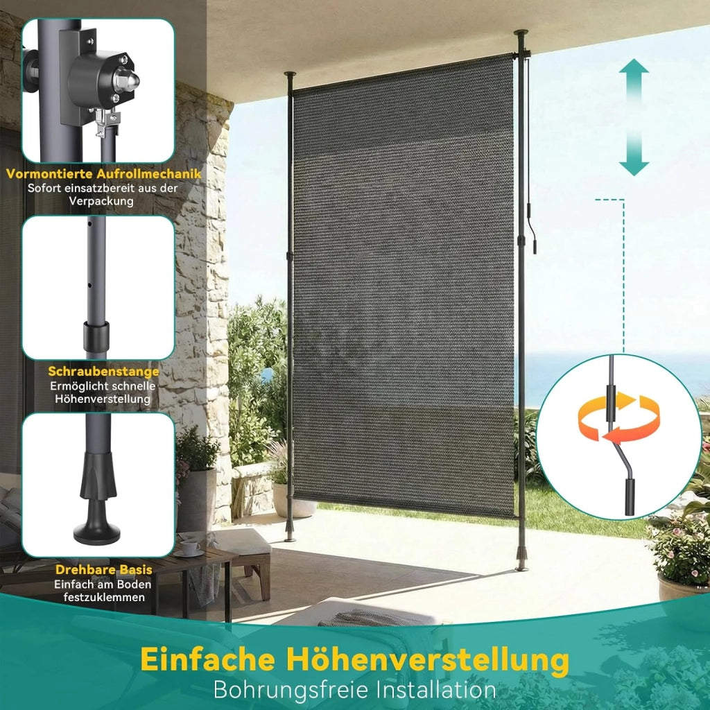 Tenda Verticale HDPE 150×310 cm Grigio, Tenda a Pinza Estensibile, Senza Forare, Privacy, Protezione Solare UV, Antivento, Resistente Alle Intemperie - per Balcone, Giardino, Terrazza