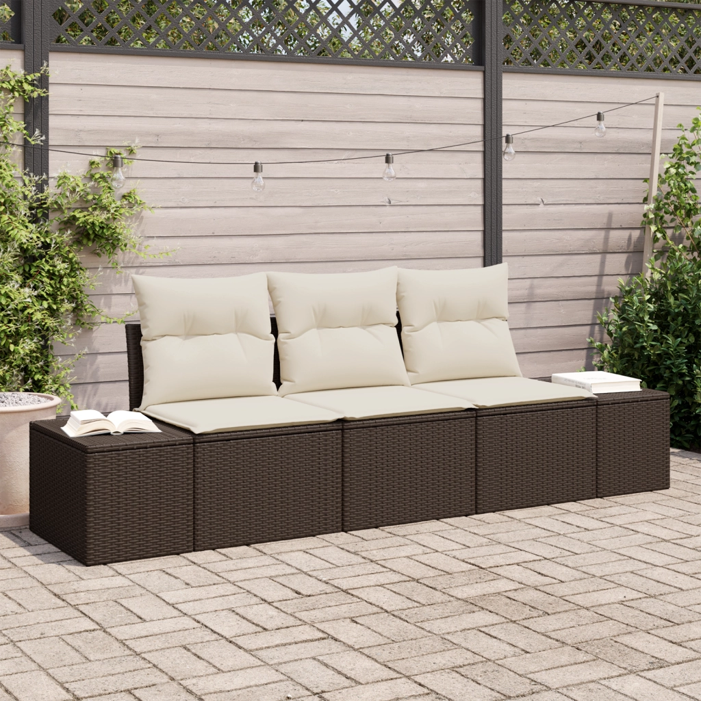 Set di Divani da Giardino in 3 Pezzi con Cuscini Brown Poly Rattan