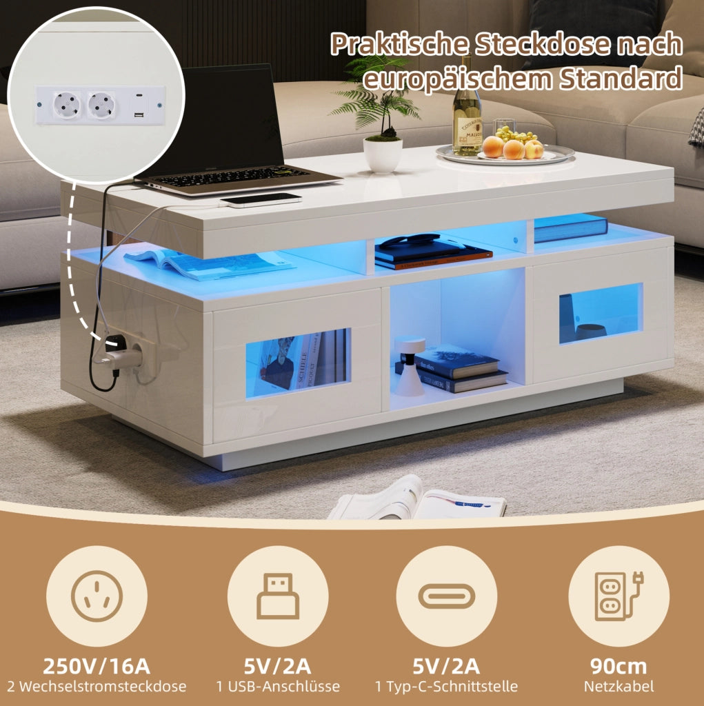 Tavolino da caffè 100x50x43 cm bianco lucido con LED; presa EU; USB e contenitore