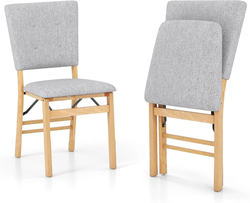 Set di 2 sedie da pranzo pieghevoli, sedia da cucina imbottita con struttura in legno di gomma, seduta rivestita in tessuto lino, portata fino a 160 kg, risparmio di spazio (grigio)