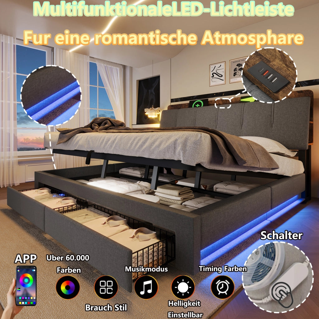 DESMIU Lit con contenitore 180 × 200 cm 2 posti con USB, Type-C, LED e vano idraulico, senza materasso, grigio