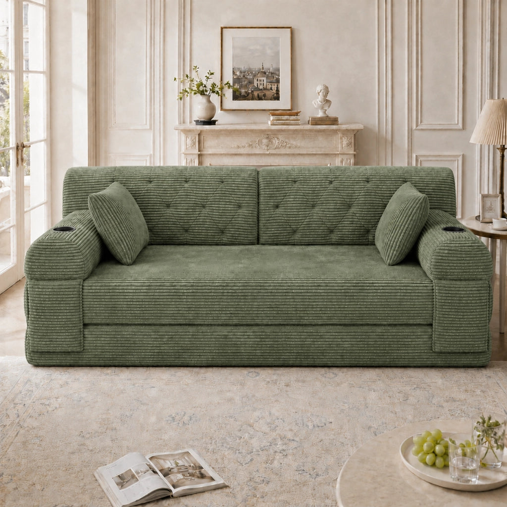 DIVANO LETTO 168x80x81 cm Corduroy Verde, schienale alto, 2 portabicchieri