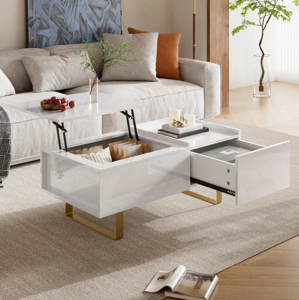 Tavolino da caffè elevabile con vano contenitore e cassetto; 100x50x54;5 cm; MDF bianco