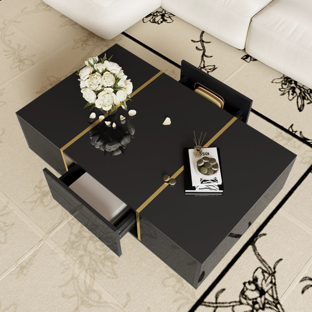 Tavolino da Caffè con 2 Cassetti; Finitura Lucida Nera con Dettagli in Metallo Oro; in MDF; 100×60×41;5 cm