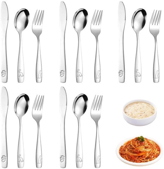Set da tavola per bambini 15 pezzi - Acciaio inossidabile - Forchetta/Cucchiaio/Coltello - Disegno animale inciso - Resistentente al lavastoviglie - Sicuro per i bambini - Set di posate per bambini
