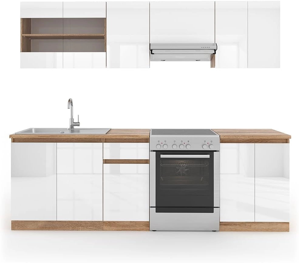 Cucina componibile Raul, Bianco lucido/bianco, 240 cm, PL Sonoma, con moduli posizionabili variabilmente e piedini regolabili in altezza